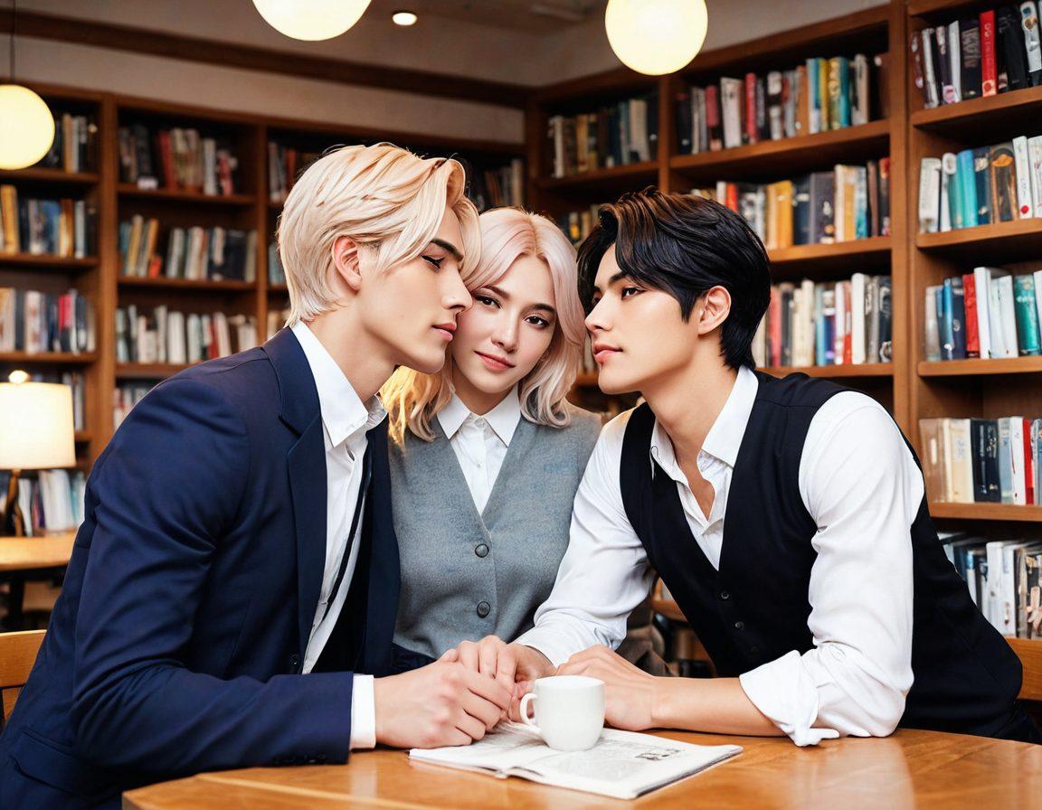 A vibrant illustration showcasing a spectrum transitioning from romantic yuri themes to sultry yaoi elements, featuring diverse characters in an expressive comic panel style. Each section captured with unique aesthetics: soft pastels for yuri, bold colors and dynamic poses for yaoi, surrounded by comic book elements like speech bubbles and action lines. The background could depict a blurred library or cozy cafe setting to emphasize storytelling. artistic blend of styles. vibrant colors. comic book art.