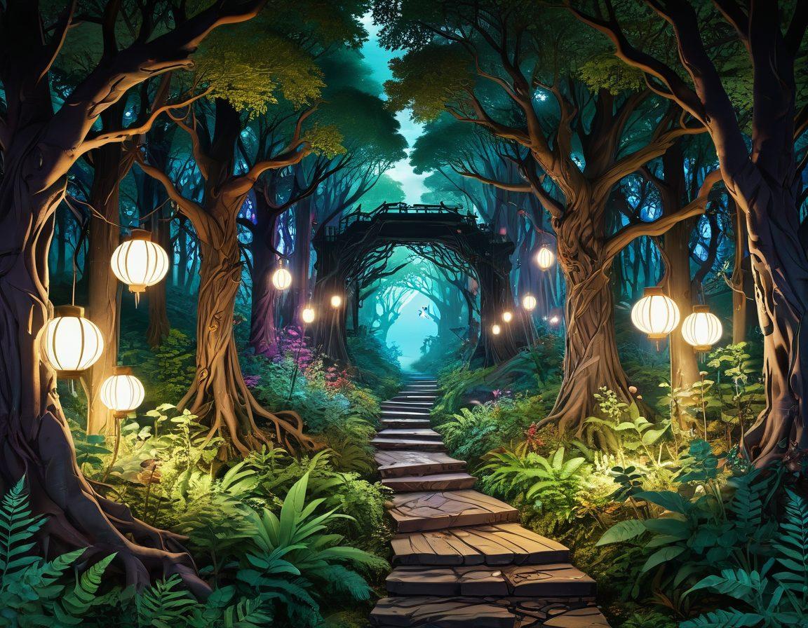 A visually appealing collage featuring a diverse range of adult manga and graphic novels, with intricate characters and fantastical settings. Incorporate elements that suggest hidden gems, such as treasure chests and sparkling light effects. Add a backdrop that evokes a sense of exploration, like a winding path or mysterious forest. The colors should be vibrant and enticing, inviting the viewer into the world of adult storytelling. dynamic illustration style. vibrant colors. 3D elements.