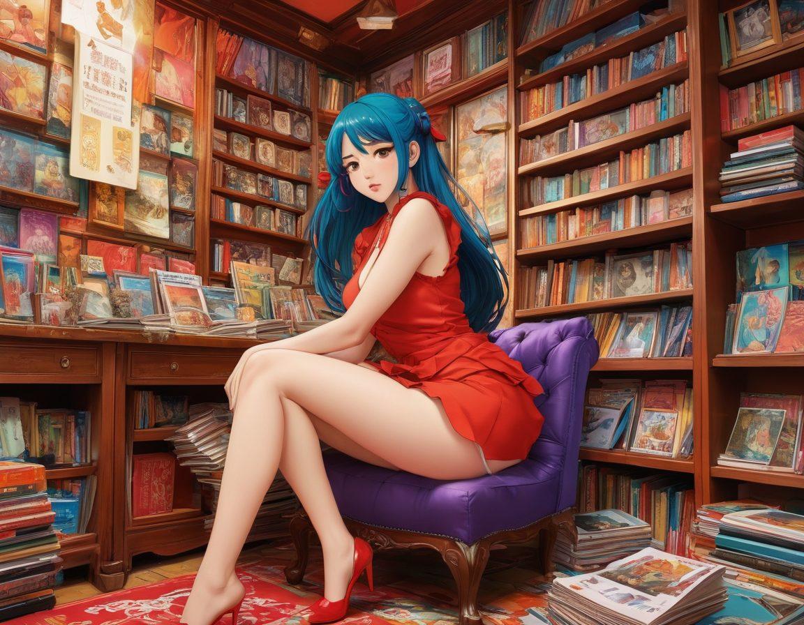 A vibrant, immersive illustration showcasing a diverse variety of adult manga characters in dynamic poses, surrounded by artistic panels depicting intricate detailed scenarios. The background features an artistic representation of a bustling manga shop filled with colorful comic books and posters. Include elements that highlight the fusion of fantasy and eroticism, such as exaggerated expressions and whimsical environments. Emphasize bold colors and fluid lines for a visually striking effect. anime style. vibrant colors. dynamic composition.